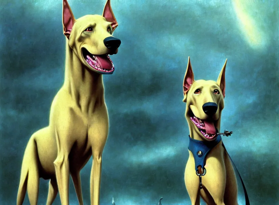 Image similar to realistic detailed portrait movie shot of an elegant blond male vampire a barking doberman on a leash, sci fi landscape background by denis villeneuve, amano, yves tanguy, alphonse mucha, max ernst, roger dean, masterpiece, rich cold moody colours, dog teeth, blue eyes