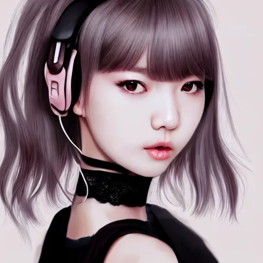 Image similar to realistic detailed semirealism beautiful gorgeous natural cute Blackpink Lalisa Manoban black hair black cat ears, wearing white camisole outfit, headphones, black leather choker artwork drawn full HD 4K high resolution quality artstyle professional artists WLOP, Aztodio, Taejune Kim, Guweiz, Pixiv, Instagram, Artstation