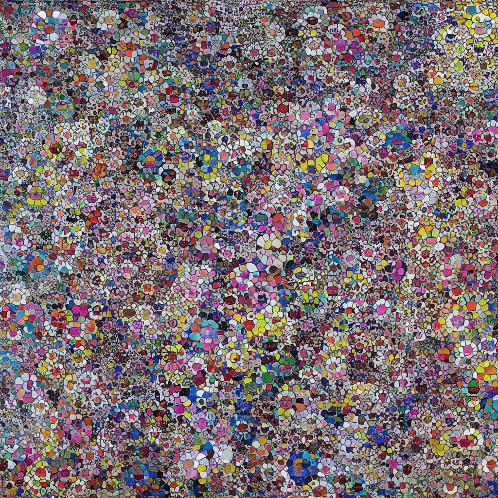 Prompt: camouflage made of love, style of takashi murakami, abstract, rei kawakubo artwork, cryptic, stipple, lines, splotch, color tearing, pitch bending, lines, blotches, color splotches, dark, ominous, abstract, minimal, points, technical, painting