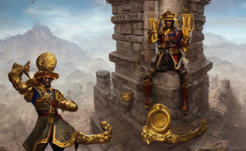 Image similar to smiling spanish conquer soldier holding golden cup on a inca temple, game character concept art, wide view, high detailed, full perfect, symmetrical portrait, high detail, by craig mullins, peter mohrbacher, unreal engine, octane rendered, 8 k, dark beauty, trending on artstation