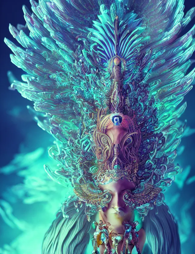 Image similar to goddess phoenix macro close - up portrait with crown made of ram skull. phoenix, betta fish, jellyfish, bioluminiscent, plasma, wind, creature, super intricate ornaments artwork by tooth wu and wlop and beeple and greg rutkowski