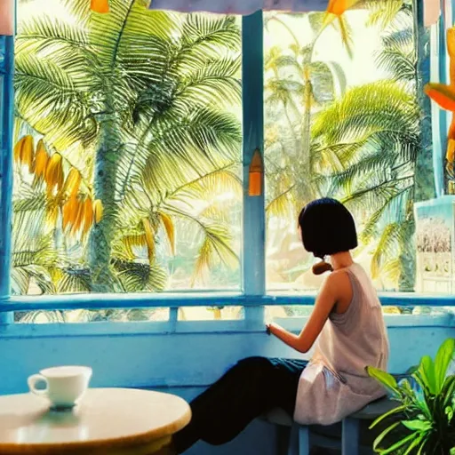 Image similar to a thin, pretty young Filipino woman sits near the window of a cute seaside Cafe with an espresso, golden morning light, cozy, tropical plants, still from Spirited Away