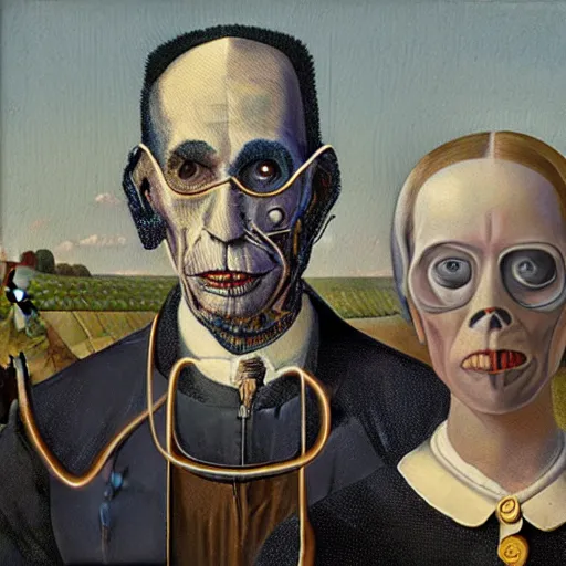 Prompt: of two scary cyborgs as the couple in the painting american gothic 4 k photorealism hd