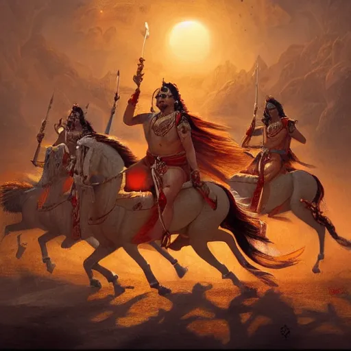 Image similar to an epic painting of the Mahabharata War, oil on canvas, golden hour, beautiful detailed, photorealistic, digital painting, artstation, concept art, smooth, sharp focus, illustration, fantasy background, artstation trending, octane render, unreal engine