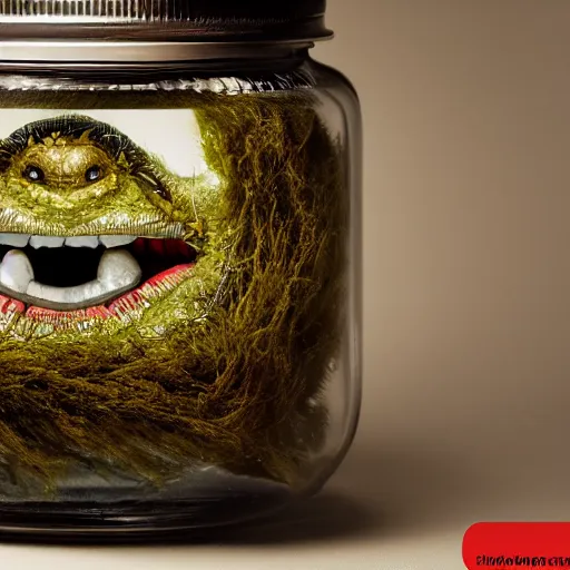 Prompt: Evil monster in a jar by John Howe, product photography, centered, studio lightning