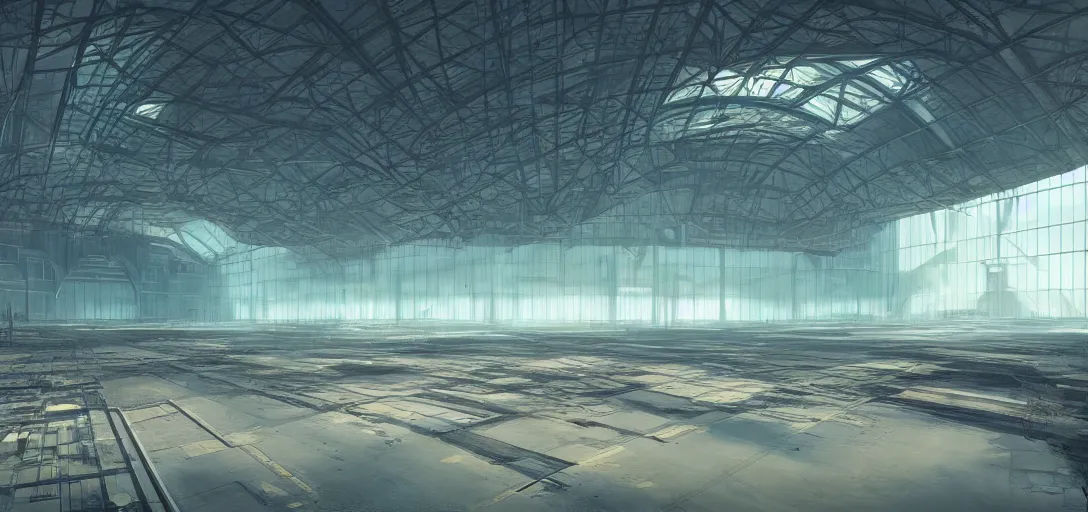 Image similar to interior of a futuristic abandoned hangar, sci - fi, digital art by beeple, simon stalenhag and paul chadeisson