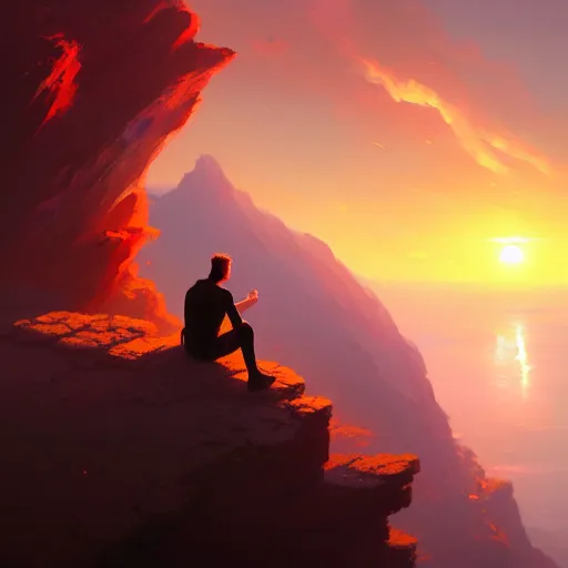 Image similar to a man sitting on a cliff watching the sun explode, painting, digital art, harsh lighting, 4 k hd wallpaper, trending on art station, art by greg rutkowski and andreas rocha, 8 k