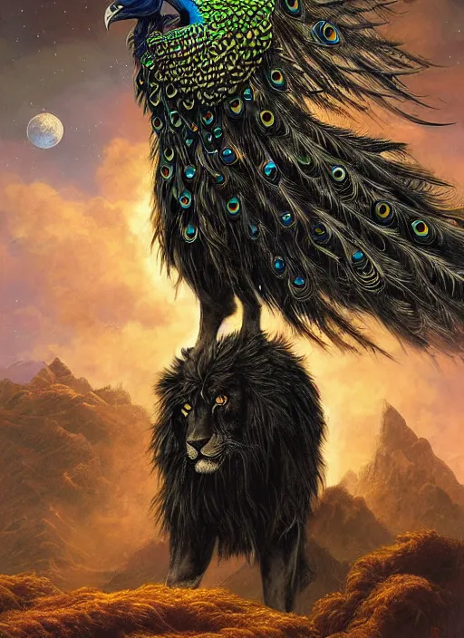 Prompt: black lion with peacock wings, night sky, by michael whelan and james gurney, epic, fantasy illustration, intricate, hyper detailed, concept art, smooth, sharp focus, vibrant, photorealistic, digital painting