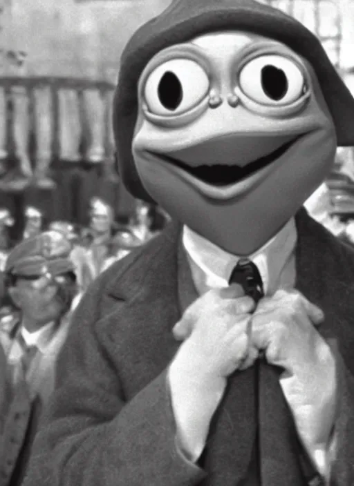 Image similar to film still of Pepe the frog as Oskar Schindler in Schindler's List, 4k