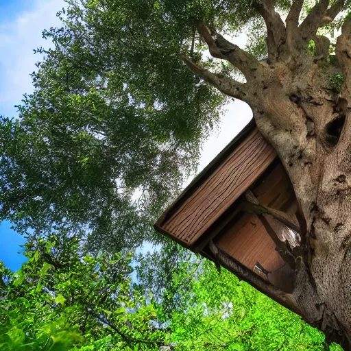 Image similar to a house with a tree growing on it's roof, the photo was taken from the ground looking up at the tree, realistic, ultra high detail, ambient lighting, 8k.