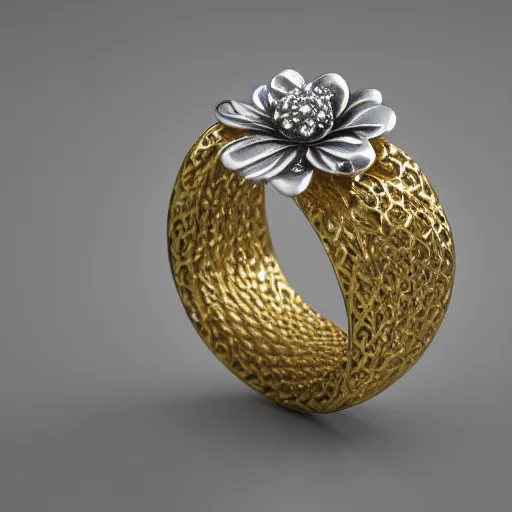 Image similar to intricate!! nordic ring and necklace and ear, silver and gold and diamond, isolated on a white background and a flower in the background, refraction, occlusion, filigree, lower and upper levels, keyshot render, octane render, vray render