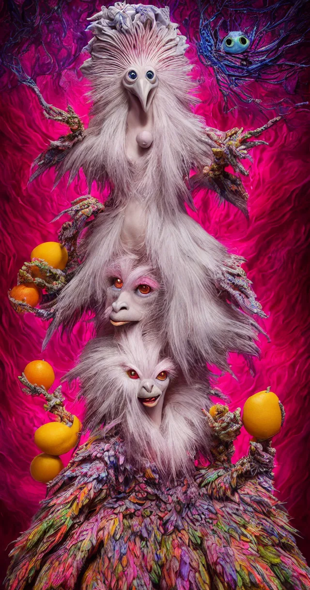 Image similar to hyper detailed 3d render like a Oil painting - kawaii portrait of ein Aurora (a beautiful skeksis muppet fae queen from dark crystal that looks like Anya Taylor-Joy) seen red carpet photoshoot in UVIVF posing in scaly dress to Eat of the Strangling network of yellowcake aerochrome and milky Fruit and His delicate Hands hold of gossamer polyp blossoms bring iridescent fungal flowers whose spores black the foolish stars by Jacek Yerka, Ilya Kuvshinov, Mariusz Lewandowski, Houdini algorithmic generative render, Abstract brush strokes, Masterpiece, Edward Hopper and James Gilleard, Zdzislaw Beksinski, Mark Ryden, Wolfgang Lettl, hints of Yayoi Kasuma and Dr. Seuss, octane render, 8k