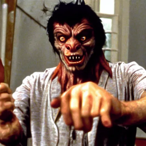 Prompt: film still of a funny looking werewolf with his hand extended in an american werewolf in london