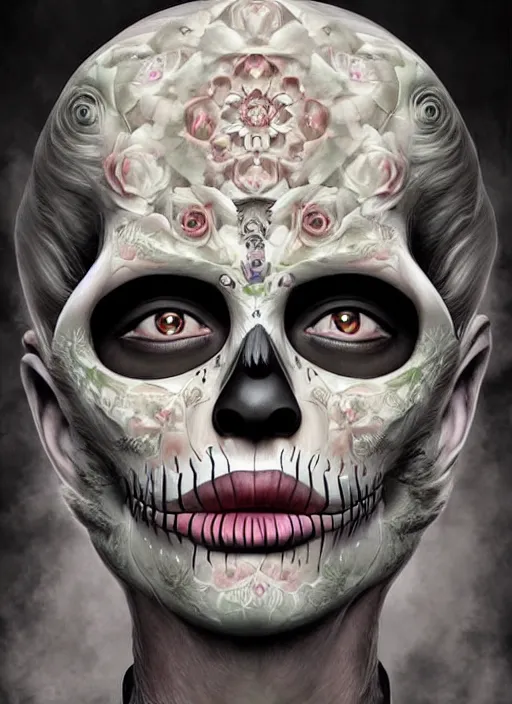 Image similar to dia de los muertos hombre theme surrealist art in the styles of igor morski, jim warren, and giuseppe mastromatteo, intricate, hyperrealistic, accurate facial details, profile picture with chromakey!!!!! background, volumetric lighting