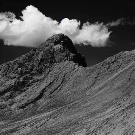 Prompt: a centrally peaked mountain in the style of ansel adams with a large black sphere on top, black and white large format photography