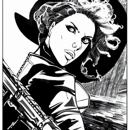 Image similar to scarlett johansson as a gunslinger in afro samurai manga style, pencil and ink, walking the wild west wastelands