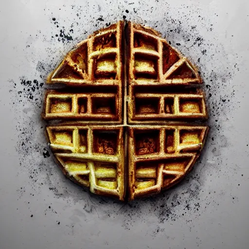 Image similar to hyperrealistic mixed media high resolution painting of an angry sentient waffle, stunning 3d render inspired art by István Sándorfi and Greg Rutkowski and Unreal Engine, perfect facial symmetry, dim volumetric lighting, 8k octane beautifully detailed render, full body shot, post-processing, extremely hyper-detailed, intricate, epic composition, highly detailed attributes, highly detailed atmosphere, cinematic lighting, masterpiece, trending on artstation, very very detailed, masterpiece, stunning, flawless structure, lifelike texture, perfection,