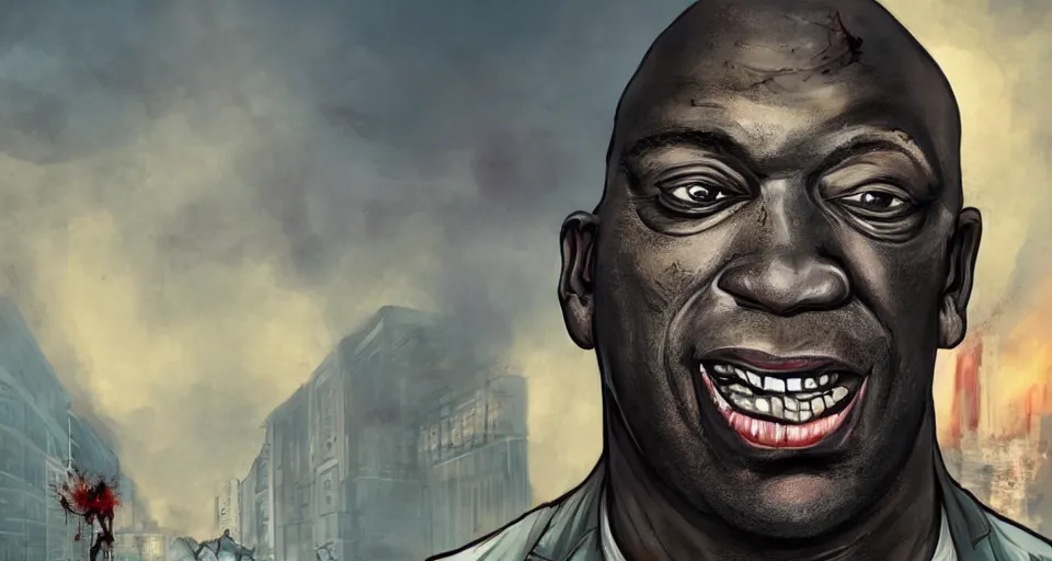 Image similar to angry zombie portrait of michael clarke duncan, an urban background szene, grimdark horror, stylized digital illustration, radiating a glowing aura, global illumination, ray tracing, hdr, fanart arstation by ian pesty and katarzyna bek - chmiel