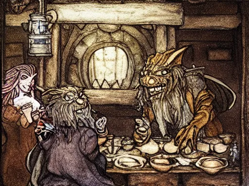 Image similar to goblins in a tavern by arthur rackham and by Tony DiTerlizzi and by brian froud, trending on artstation, detailed