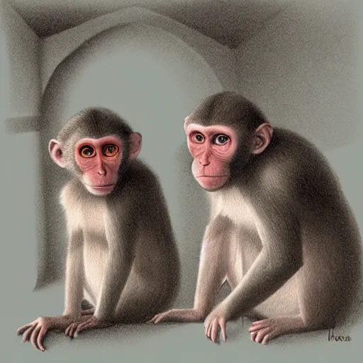 Image similar to two macaques looking at each other inside ancient medieval house, digital art, soft shadows, creepy art, drawn by shadman