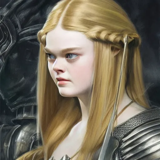 Prompt: ultra realistic portrait painting of elle fanning as a medieval knight, art by frank frazetta, 4 k, ultra realistic, highly detailed, epic lighting