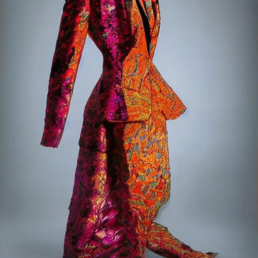 Prompt: stunning color photograph of an extravagant suit designed by edvard munch. award winning piece of fashion. studio lighting