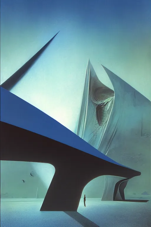 Image similar to emissary space by arthur haas and bruce pennington and john schoenherr, cinematic matte painting, zaha hadid building, photo realism, dark color palate, blue hour, james terrell art,