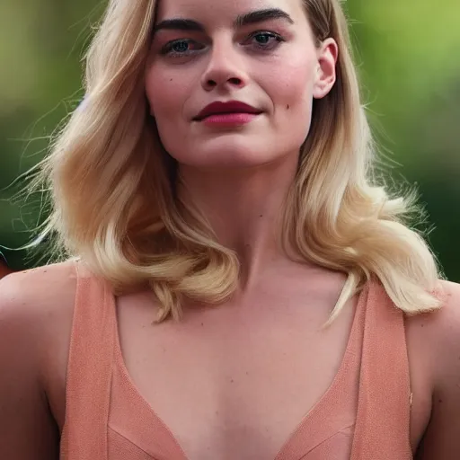 Image similar to a woman who is a genetic combination of margot robbie and emma watson face and upper - body focus