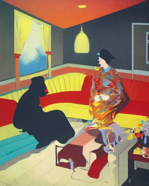 Prompt: old dead couple sitting on a couch and a person inside a large aquarium with clouds at red and yellow art deco interior room in the style of Francis Bacon and Syd Mead, open ceiling, highly detailed, painted by Francis Bacon and Edward Hopper, painted by James Gilleard, surrealism, airbrush, very coherent, triadic color scheme, art by Takato Yamamoto and James Jean