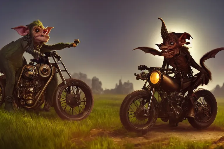 Image similar to A goblin riding a steampunk motorcycle on a dirt road in a meadow, volumetric light, studio lighting, hyperdetailed, artstation, cgsociety, 8k