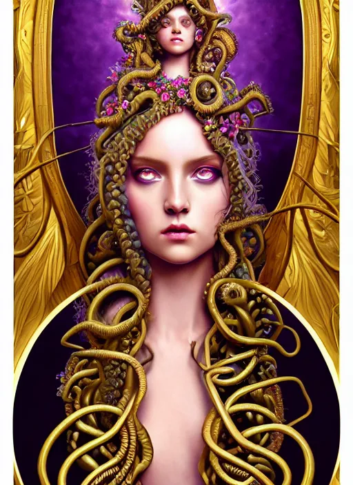 Image similar to professionally-painted ultradetailed ornate RPG award winning masterpiece illustration of beautiful symmetrical Medusa radiating glowing aura, fully clothed with an art nouveau flowery dress, digital airbrush painting, 3d rim light, hyperrealistic, artstation, cgsociety, kodakchrome, golden ratio