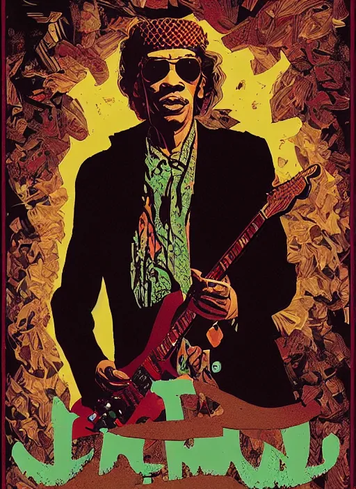 Prompt: Twin Peaks movie poster artwork by Michael Whelan and Tomer Hanuka, Rendering of Jimi Hendrix, is the school teacher in Twin Peaks, from a scene from Twin Peaks, clean, full of detail, Matte painting, trending on artstation and unreal engine