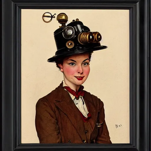 Prompt: frontal portrait of a woman with a steampunk helmet, by norman rockwell