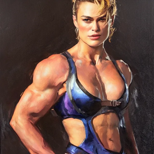 Image similar to greg manchess portrait painting of confident keira knightley as beautiful thick female bodybuilder zarya from overwatch, medium shot, asymmetrical, profile picture, organic painting, sunny day, matte painting, bold shapes, hard edges, street art, trending on artstation, by huang guangjian and gil elvgren and sachin teng