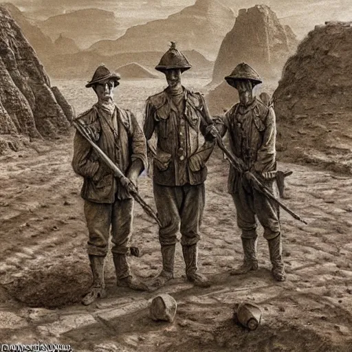 Prompt: ultra detailed photorealistic sepia - toned painting from 1 9 1 7, three british soldiers standing at an archaeological dig site in wadi rum, ultra realistic, painted, intricate details, lovecraft, atmospheric, dark, horror, brooding, highly detailed, by clyde caldwell