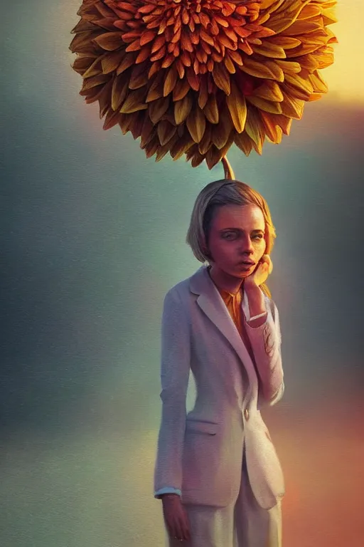 Image similar to closeup giant dahlia flower head, frontal, girl in a suit, standing in street, surreal photography, sunrise, dramatic light, impressionist painting, digital painting, artstation, simon stalenhag