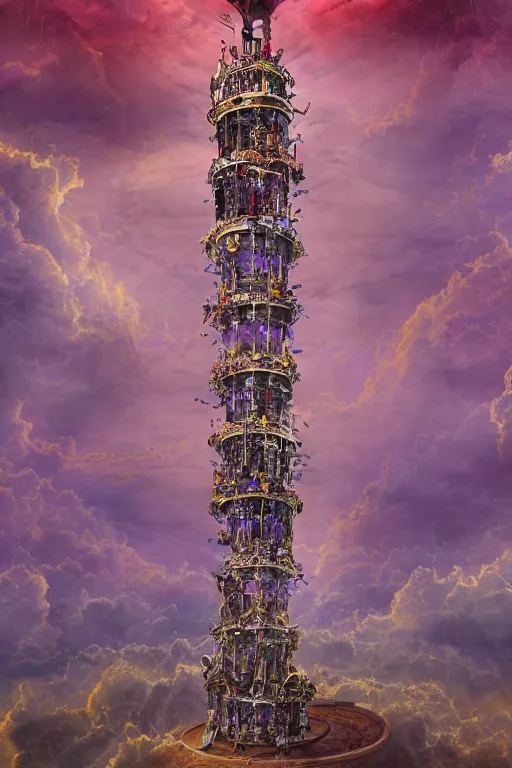 Prompt: an elaborate surreal tower made of hourglasses and brass, rising into the clouds, concept art, hyperdetailed, red and purple coloring, 4k