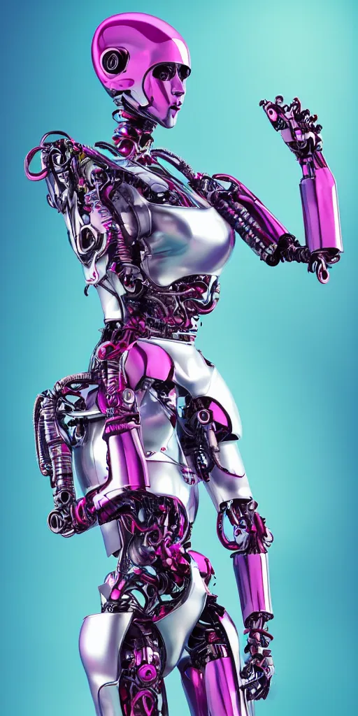 Prompt: full body portrait of beautiful female biomechanical robot, chrome skin, inside a futuristic spaceship, cyan and magenta colors, soft light, feminine figure, gorgeous, pretty face, wires and black metal, beautiful fashion model body, high detail, hyper realistic