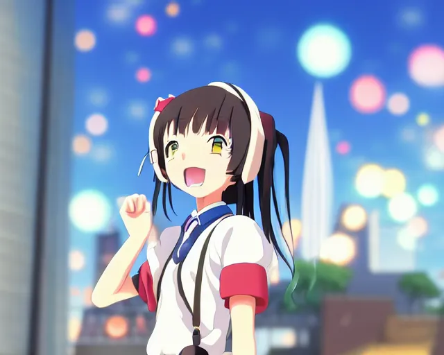 Image similar to anime fine details portrait of joyful school girl and big robot, city landscape on the background deep bokeh, profile close-up view, anime masterpiece by Studio Ghibli. 8k, sharp high quality anime