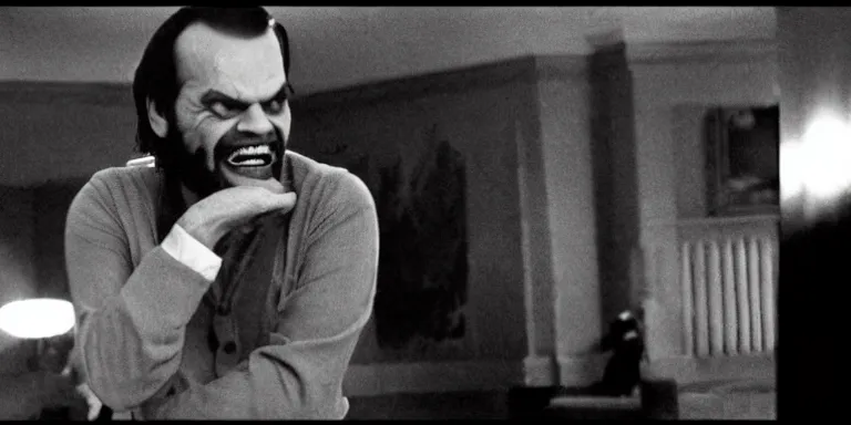 Prompt: photorealistic cinematography of the character jack torrance played by jack nicholson from stanley kubrick's 1 9 8 0 film the shining sitting at the overlook hotel's gold ballroom bar laughing right at the camera shot on 3 5 mm 5 2 4 7 film by the shining cinematographer john alcott on a 1 8 mm cooke panchro lens.