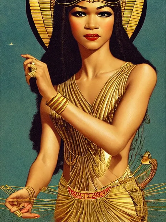 Image similar to zendaya as the Egyptian goddess isis the lady of the fertile Nile, a beautiful art nouveau portrait by Gil elvgren, Nile river environment pyramids water garden , centered composition, defined features, golden ratio, gold jewelry