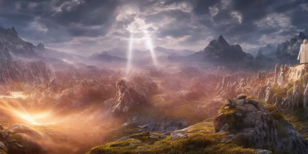 Image similar to a beautiful wide shot of donald trump being gandalf, the panorama of middle earth in the background, intricate detail, god rays, photography, volumetric light, cinematic, 8 k
