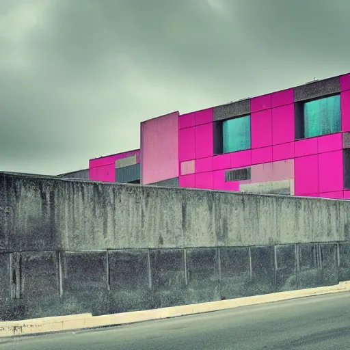 Prompt: brutalist building with touches of cyan and pink. moody and melanchony