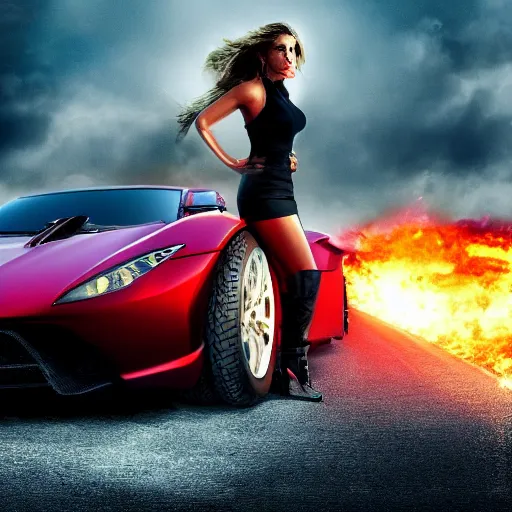 Prompt: 8k wallpaper of a beautiful woman and a super car on the cover of a Michael bay action movie, ultrawide