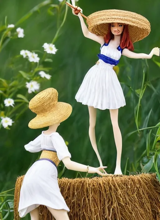 Prompt: Fine Image on the store website, eBay, Full body, 80mm resin figure of a cute tall girl in straw hat and white dress playing guitar, environmental light from the front