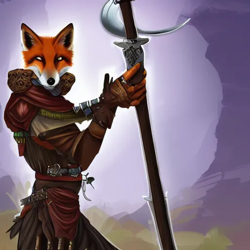 Prompt: fantasy anthropromorphic fox ranger with only one arm wielding a gladius, digital art