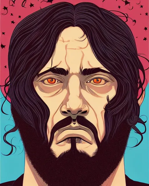 Prompt: portrait of an unkle blue moon with long black hair and beard, by tomer hanuka