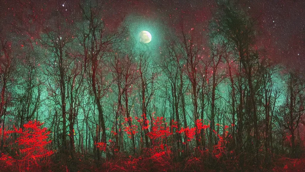 Prompt: (((psychedelic))) 8k ultra realistic night time photography of a mystical cosmic night sky with red smoke and a perfect huge full moon, A glimpse through a small gap in the dark green dense foliage!! and overgrowth and the trees of the huge full moon over water in a dark sky. wreathed in red smoke!!!, mist, starlight, night-time, volumetric lighting, dark enclosed, cozy, quiet forest night scene, spangled, cosmic