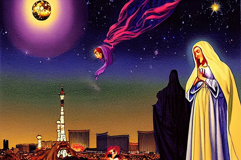 Prompt: a hyperrealist watercolour character concept art portrait of the blessed virgin mary protecting the city from an alien invasion on well lit starry night in las vegas, nevada. neon lights. there is a man in black. by rebecca guay, michael kaluta, charles vess and jean moebius giraud