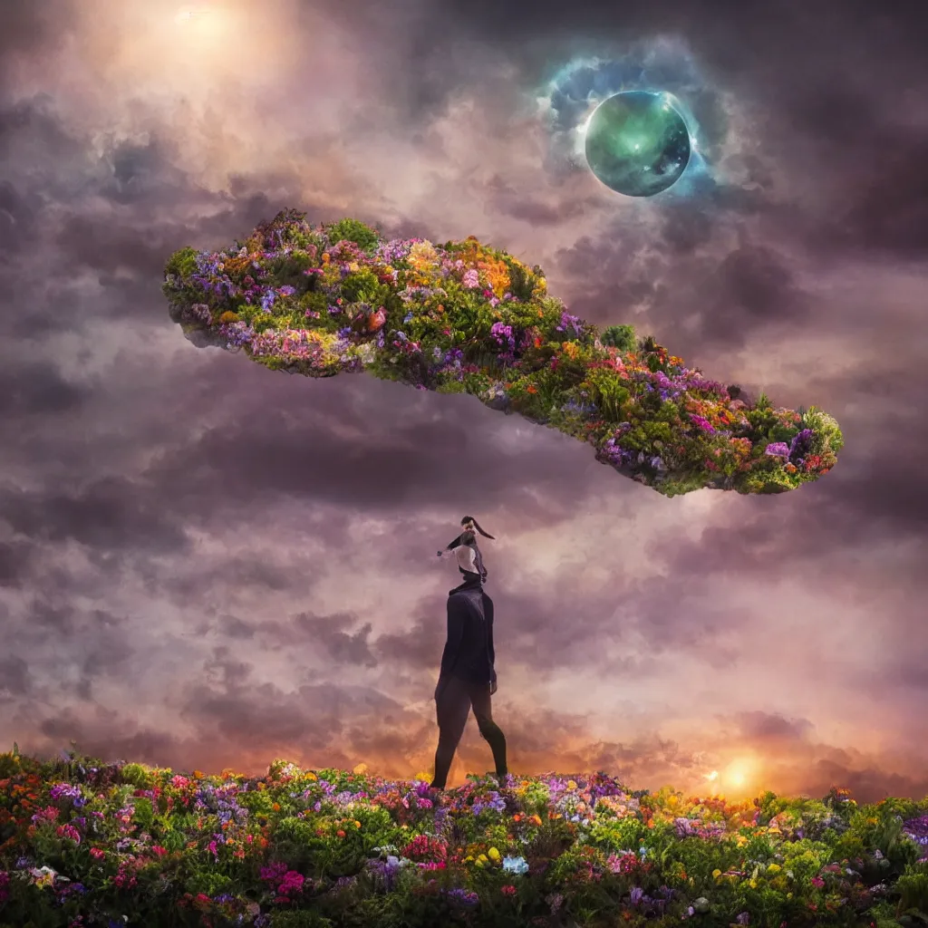 Image similar to a planet of various flowers, fungus and plants, in which the human figure is dressed in something magical and impressive, inside the picture is infinity, sunset light, Atmospheric phenomenon, artistic photography, muted colors, conceptual, long exposure outside the city